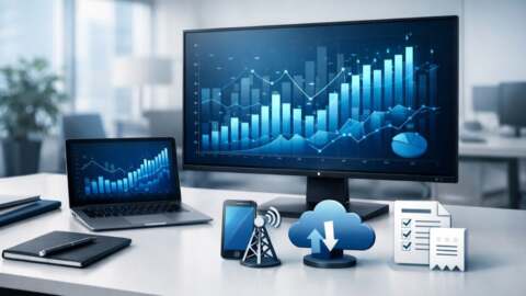 Business analytics dashboard with charts, cloud, and telecom icons on an office desk