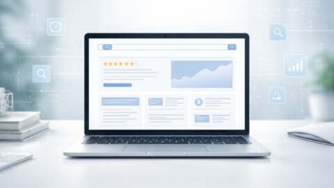A laptop on a desk showing a website dashboard with charts and icons.