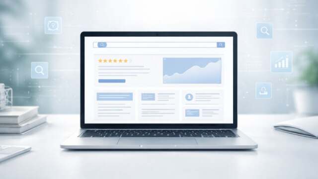 A laptop on a desk showing a website dashboard with charts and icons.